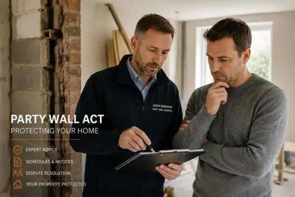Party wall surveyor Horsham discussing extension plans with homeowner outside a UK semi-detached house.